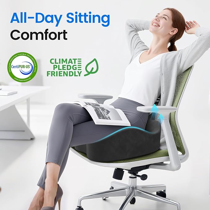 SofterCharm Seat Cushion with Carry Handle, Memory Foam for Tailbone/Sciatica Easing, Chair Cushions for Cars, Desks, Office Chair Cushion with Non-Slip Design, Ideal for Post-Surgery Recovery (Grey)
