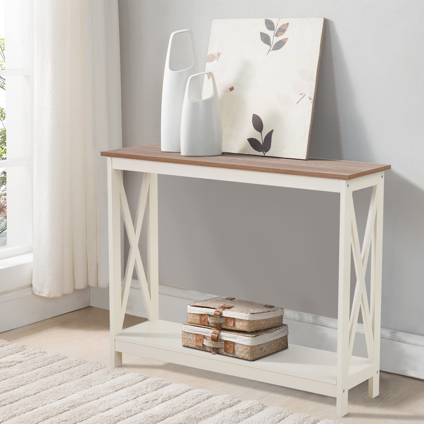 Sophia & William Console Table with Storage Shelf, 2 Tier Farmhouse Sofa Table for Entryway, Hallway, Living Room, Ivory