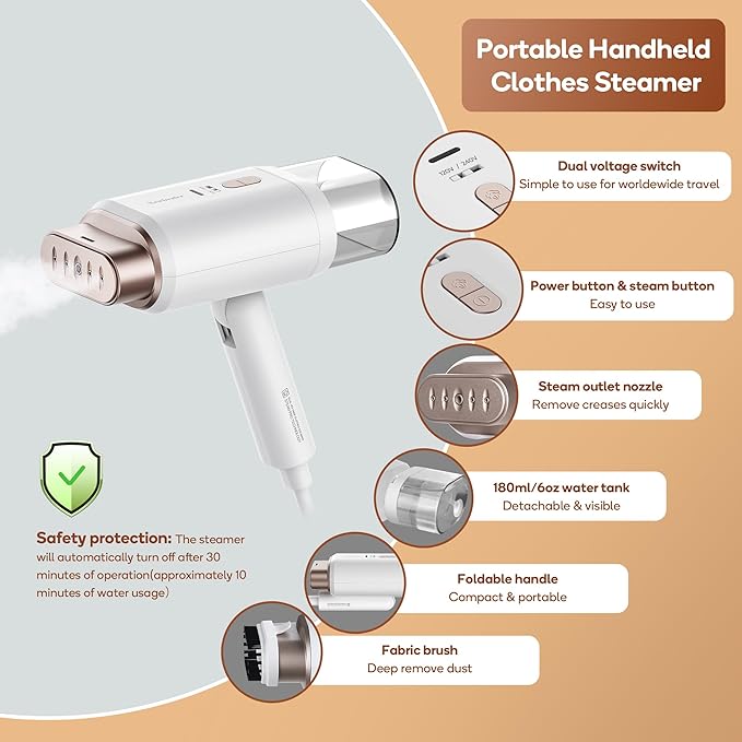 Newbealer Dual Voltage Garment Steamer - 120V/220V, 1200W Powerful Steamer for Clothes, Home & Travel Use, Horizontal & Vertical Steaming, 20s Heat-up, Foldable, 1.72lbs, 180ml (Gold)