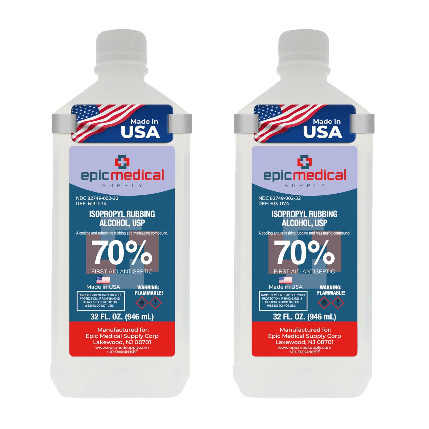 Epic Medical Supply Isopropyl Rubbing Alcohol 70% USP, 32 oz. Bottle, Multipurpose First Aid Antiseptic for Minor Wounds, Cuts, and Scrapes (32.00 Fl Oz Pack of 2)