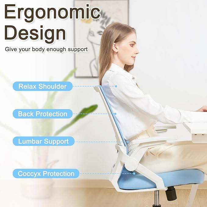 Msdizuo Ergonomic Office Chair Desk Chair with Adjustable Height Mesh Computer Chair Swivel Chair with Flip-up Arms and Lumbar Support Blue