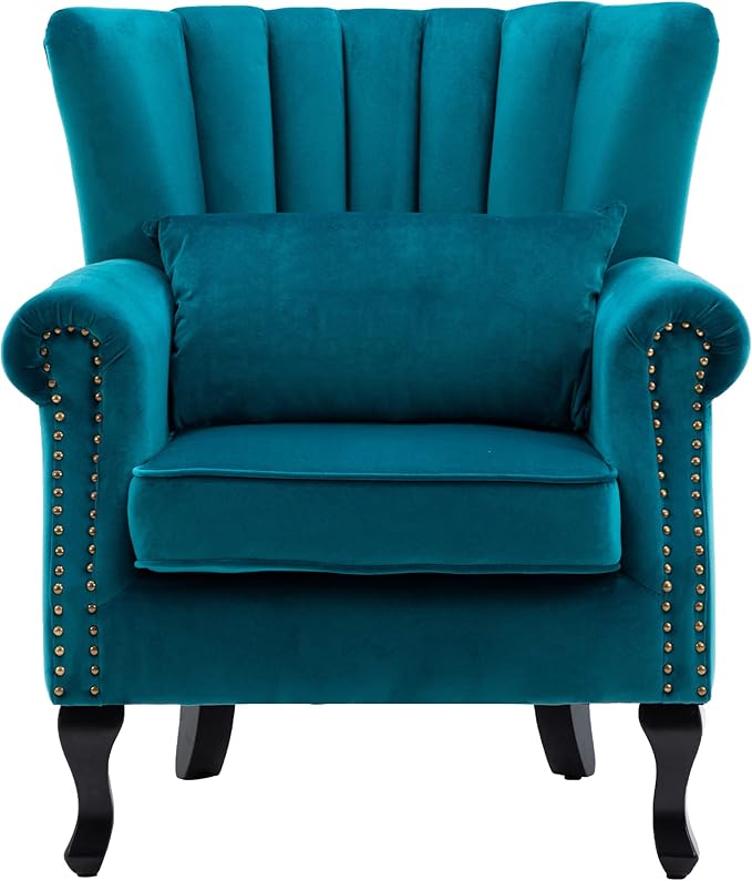DM Furniture Mid Century Accent Chair Modern Tufted Wingback Armchairs Club Chair Velvet Single Sofa Lounge Chair with Pillow for Living Room, Teal Blue