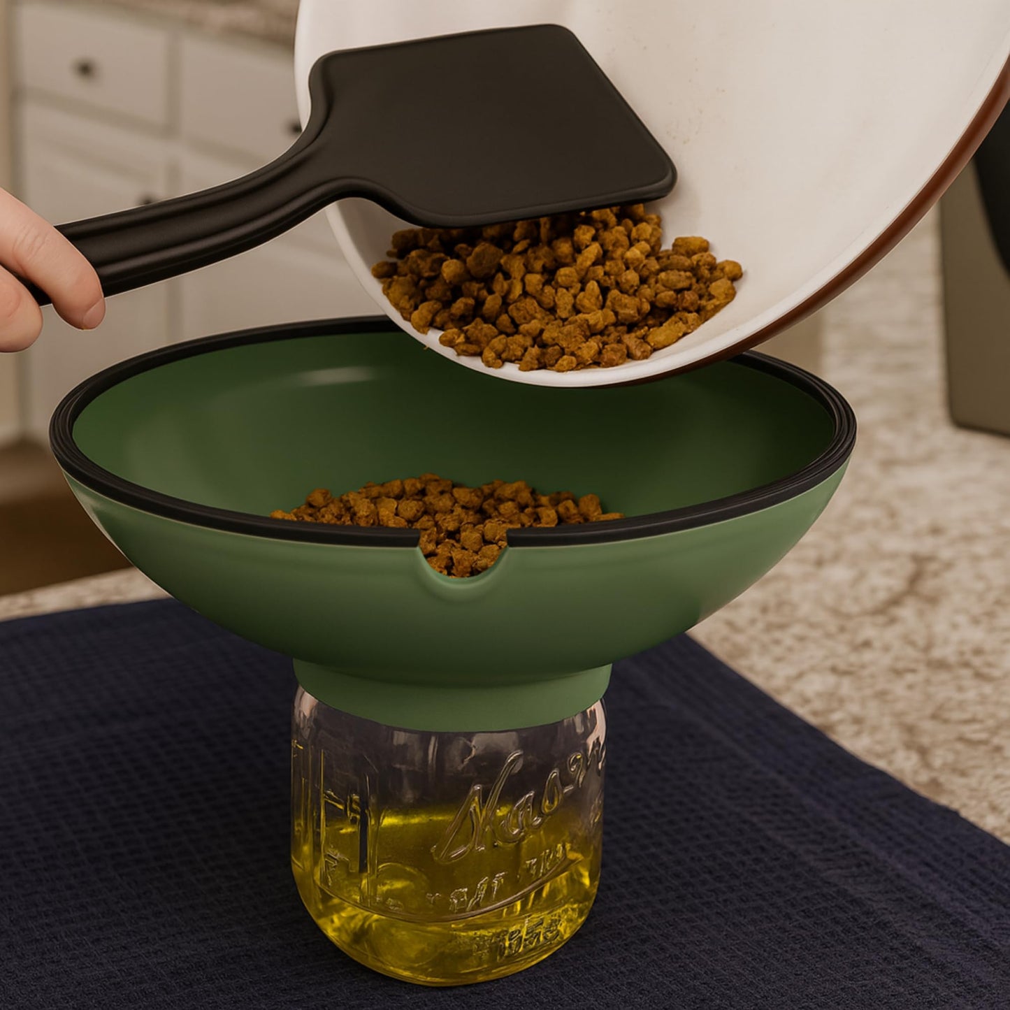 BUUBLE Ultimate Grease Drainer & Food Strainer (SAGE) Premium Heat-Resistant Colander for Bacon, Ground Beef, Pasta & Veggies; Fits Pans, Cans & Jars; Dishwasher Safe