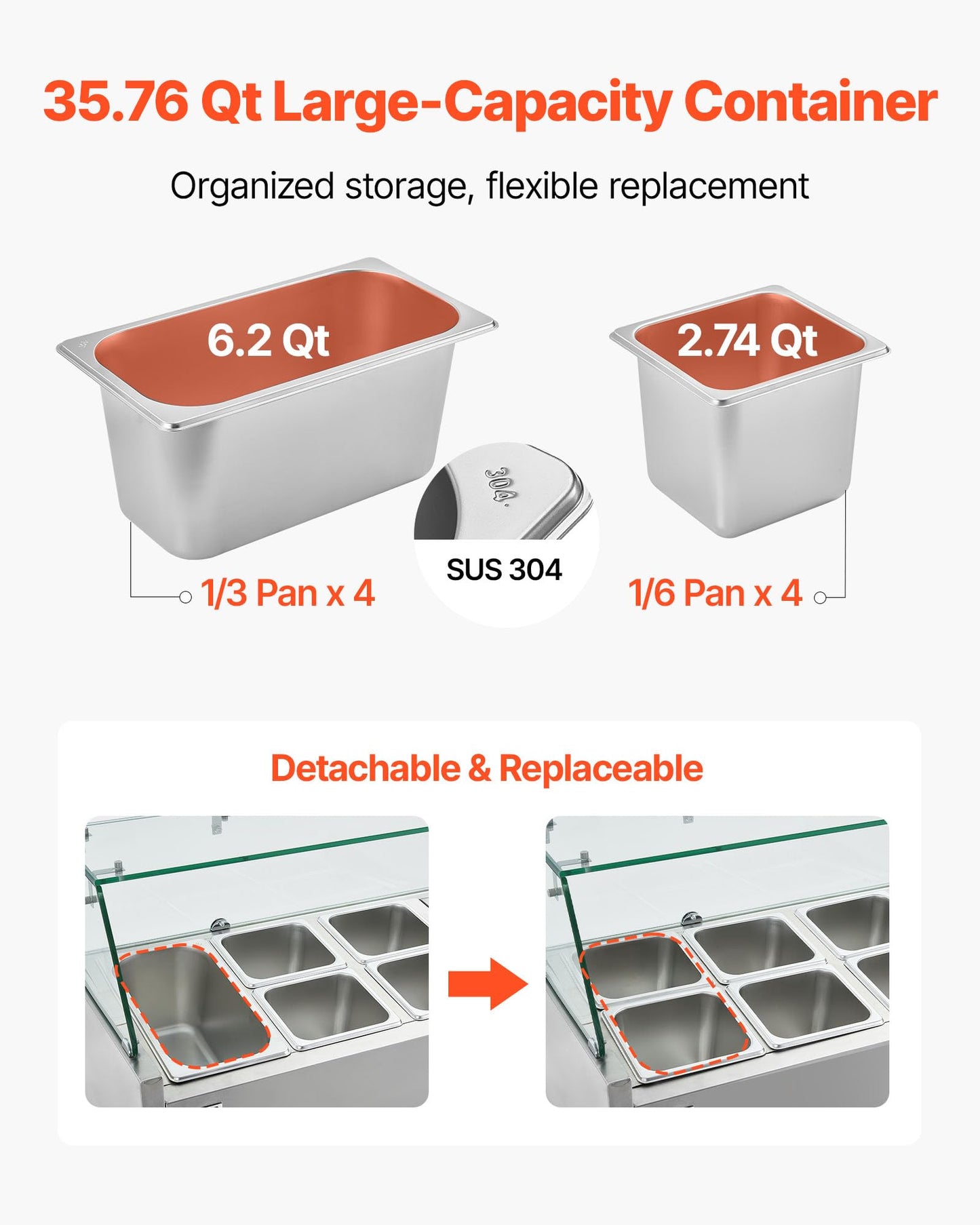 VEVOR Refrigerated Condiment Prep Station, 130 W Countertop Refrigerated Condiment Station, with Four 1/3 Pans & Four 1/6 Pans, 304 Stainless Body and PC Lid, Sandwich Prep Table with Glass Guard