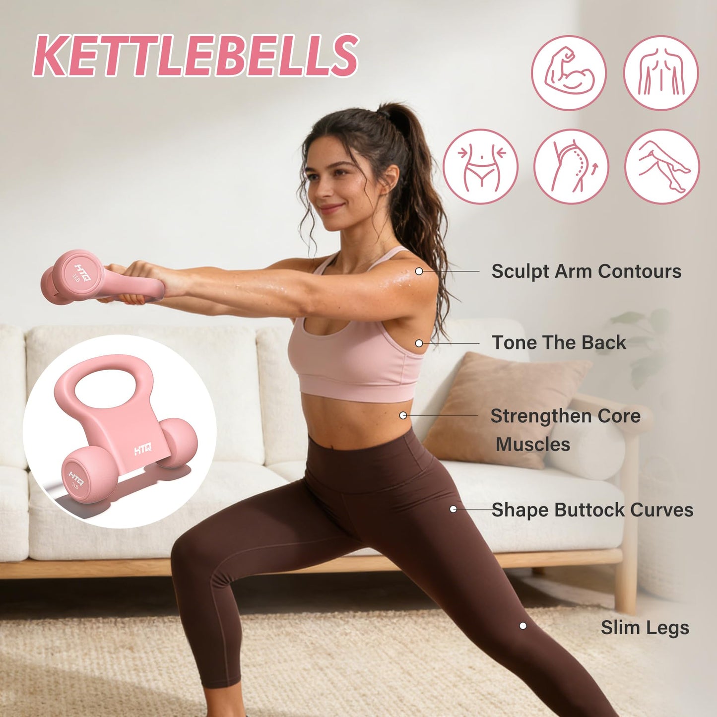 HTQ Adjustable Dumbbell Set for Women, 2-17LBS Total Plate Weight Home Workout Equipment with Kettlebell, Wrist Weights, Resistance Tube, Jump Rope, Pink/Green Free Weights Set for Women at Home