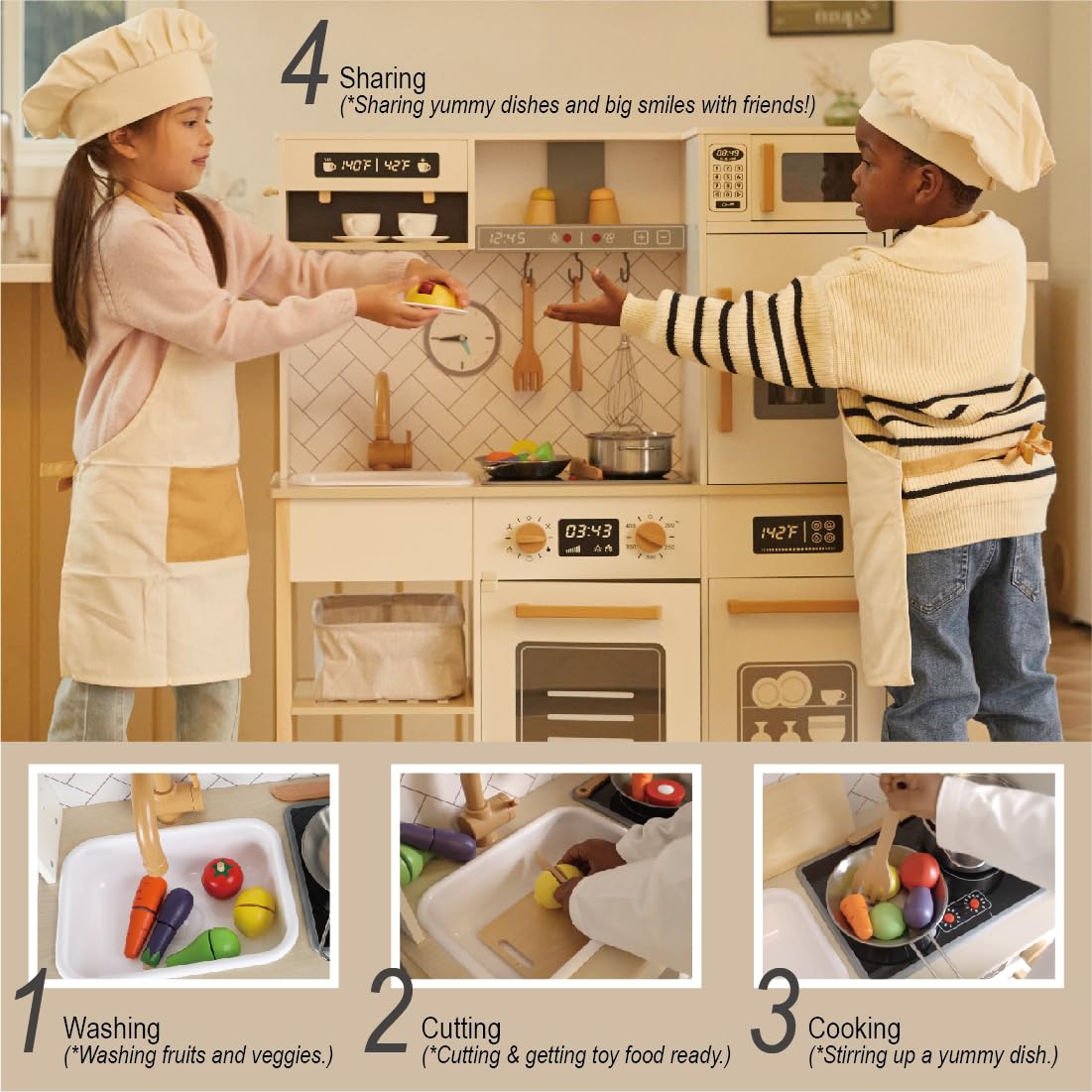 Freniland Wooden Play Kitchen Kids Kitchen Playset with Real Light & Sound Realistic Ice Maker Stove Oven Chef Pretend Toy Kitchen Include 31 Accessories Kids Toy Gift for Child Ages 3+ Toy Furniture