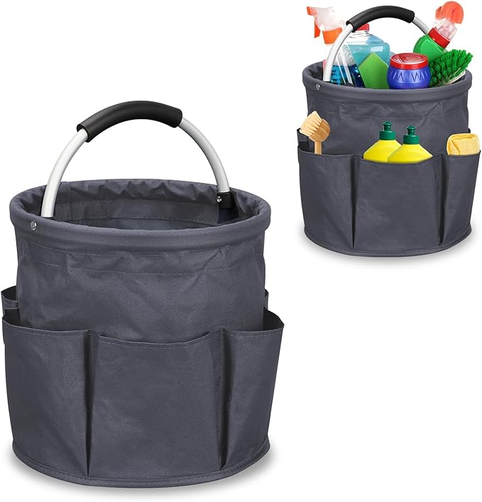 Cleaning Caddy with Handle, 17L Collapsible Cleaning Products Organiser Bucket Tool Organizer in 600D Oxford Fabric Portable Multi Cleaning Bucket Bag for Home Garden (Dark Grey)