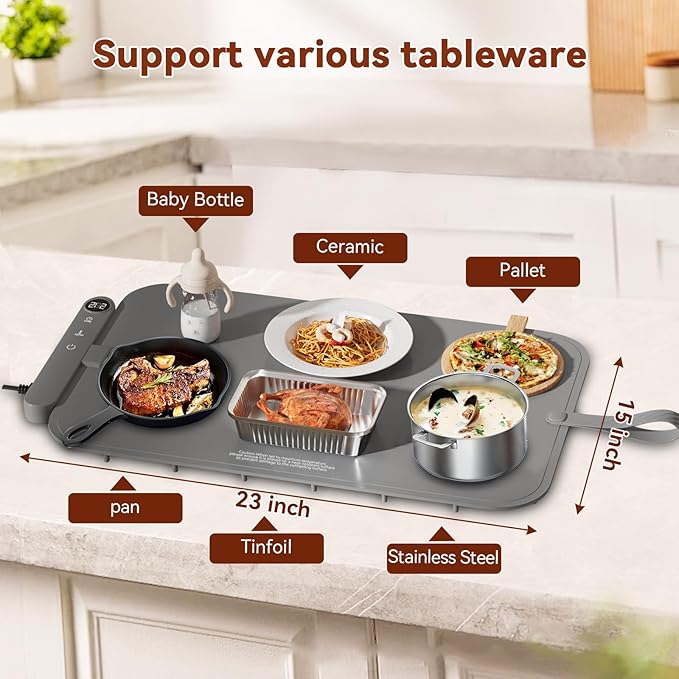 Upgrade Graphene Warming Mat for Food - Full Surface Heating, Waterproof Electric Warming Tray with 6 Temp Modes & 6H Timer for Parties Countertop, Gifts for Mom (Gray)