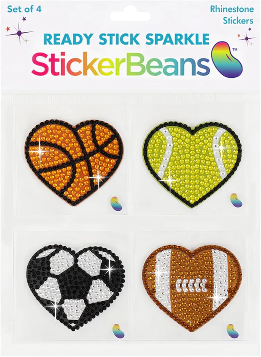 StickerBeans® Rhinestone Stickers - Sporty 4-Pack, 2” x 2” Each, Unique Sparkly Cut-to-Shape for Collecting, Trading, Decorating Laptops, Phone Cases, Scrapbooks - for Kids, Teens, & Adults