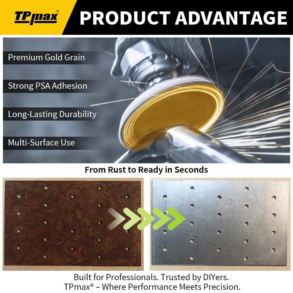 6-Inch 320-Grit Gold PSA Sanding Discs, 50 Pack – Pro-Grade Self-Adhesive Stickyback Sandpaper with Quick-Release Tabs for DA Sander, Ultra-Fine Automotive/Wood/Metal Sanding