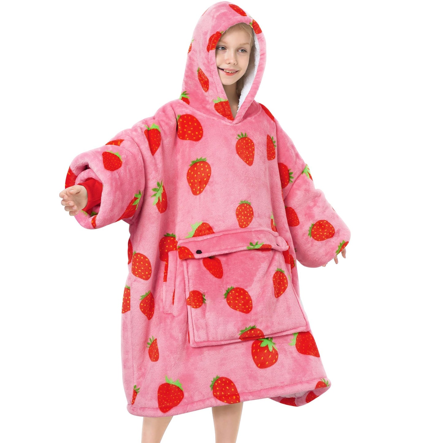 Narecte Kids Blanket Hoodie - Wearable Blanket, Oversized Sweatshirt - Birthday Gifts for Teen Girl & Boy, 6-10YR, Strawberry