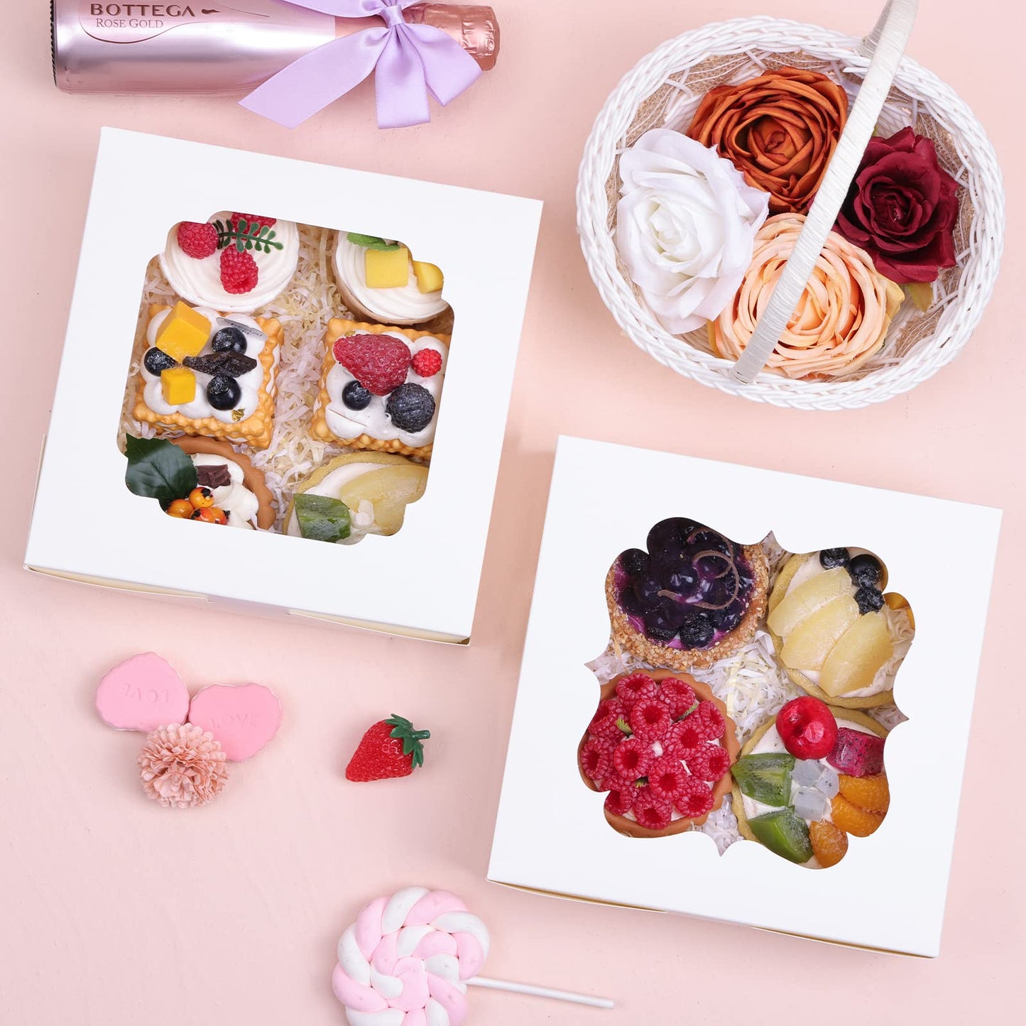TOMNK 60pcs Cookie Boxes, 8x8x2.5 Inches Bakery Boxes with 2 Style Windows for Chocolate Strawberries, Pie, Pastry, Dessert, Cake