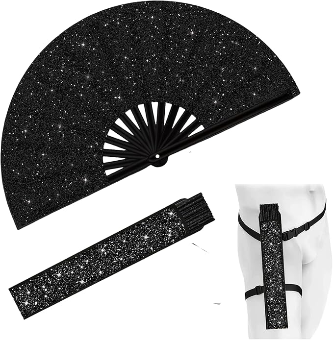 YKuzLx 13‘’ Large Rave Fan for Men Women, Rave Essentials, Decorative Glitter Folding Hand Fan with Holster for Party, Hom...