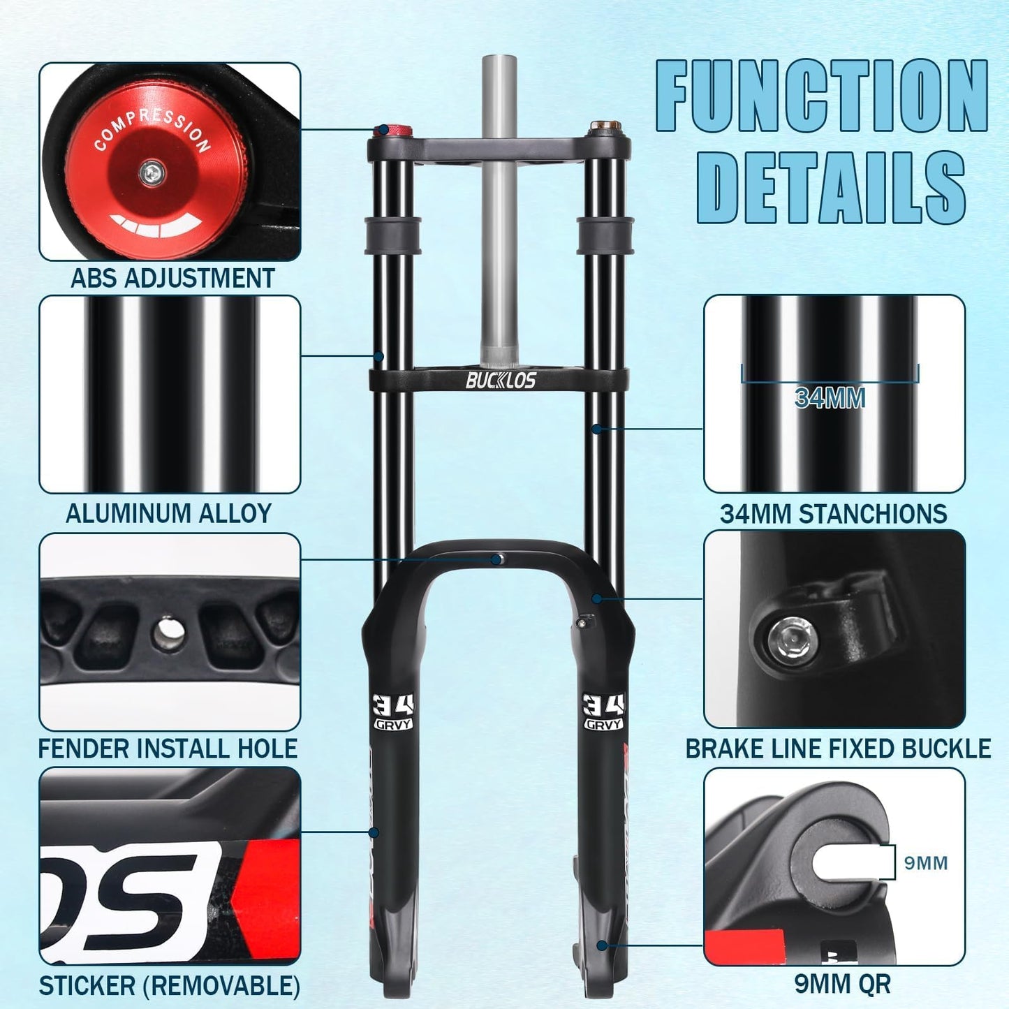 BUCKLOS 20 inch 4.0 Fat Tire Bike Suspension Fork, 180mm Travel 135mm Spacing Hub 9mm QR Ebike Oil MTB Fat Fork, Double Crown 1-1/8 Straight Electric Bicycle Front Fork, Snow Beach Mountain Bike