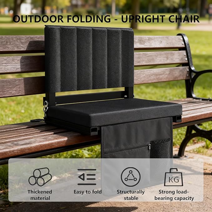 CHIQUERID Portable Stadium Seat with Back Support, Folding Bleacher Chair with Cushion, Cup Holders, Storage Pockets & Shoulder Strap – Ideal for Sports Events, Camping & Picnics (Black)