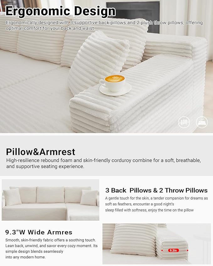 105 Inch Modular Sectional Sofa,Modern Cloud Sectional Couch with Deep Seat,Corduroy Boneless Couches with L-Shape Chaise for Living Room Bedroom,No Assembly Required (White, Right Facing Chaise)