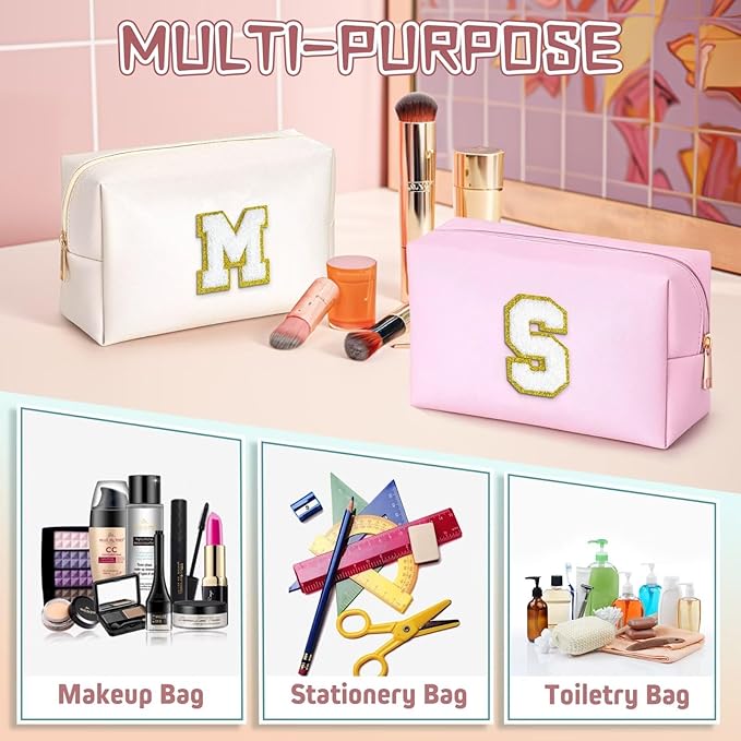 TOPEAST Preppy Makeup Bag, Small Cosmetic Travel Bags for Women, PU Leather Waterproof Toiletry Bag with Zipper, Personalized Birthday Gift for Women Girl, Preppy Gifts for Girl (White Y)