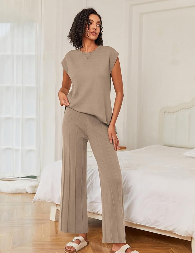 Ekouaer Lounge Sets for Women Two Piece Outfits Knit Cap Sleeve Tops Wide Leg Pleated Pants Casual Dressy Sweater Sets