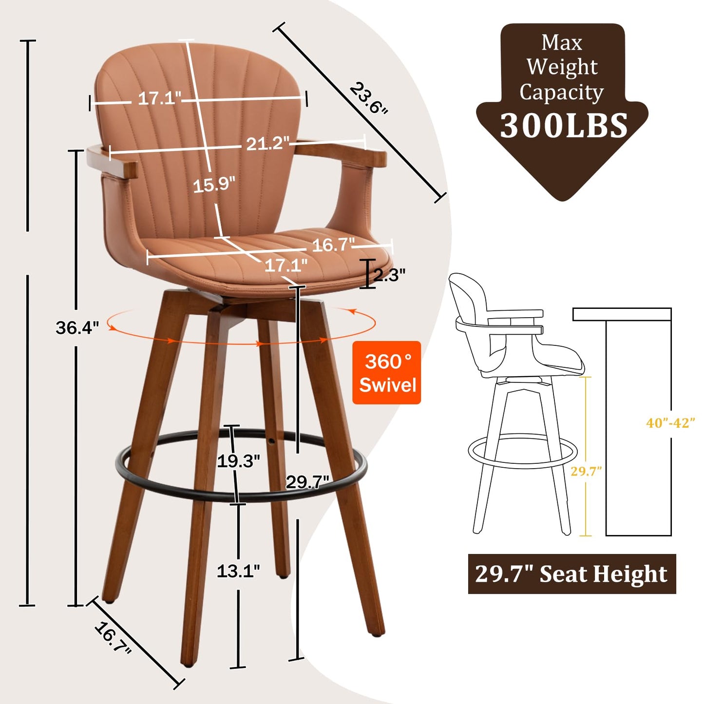 LUNLING 30” Bar Height Stools,Mid Century Modern Bar Stool,Orange PU Leather Kitchen Island Stools,Wood High Barstools Swivel with Back and Arms for Home Bar Furniture,1PCS
