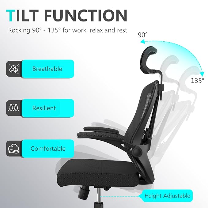balmstar Office Chair,Ergonomic Comfy Home Desk Chair with 350LBS Capacity,High Back Gaming Chair with Wheels,Mesh Computer Chair,Lumbar Support, Adjustable Headrest,Flip-up Armrest (A-All Black)