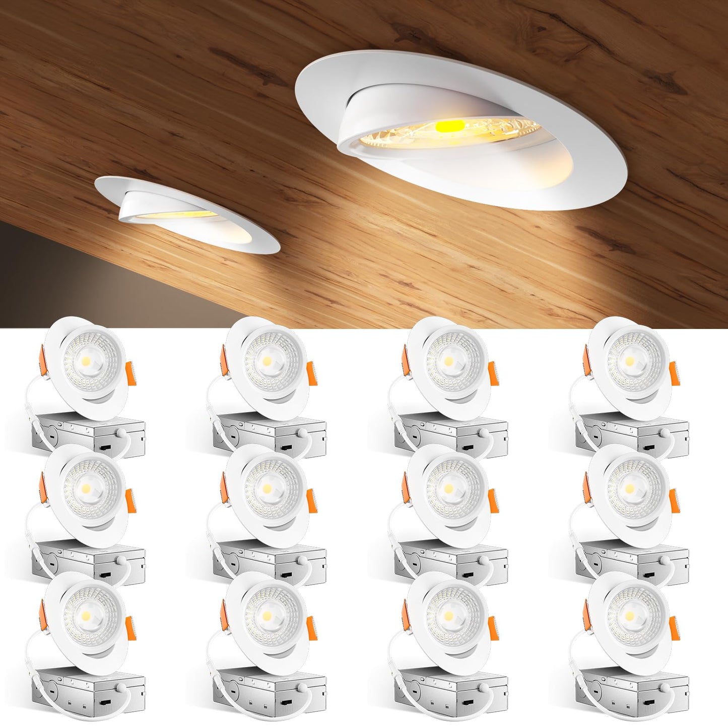 Amico 12 Pack 4 Inch 5CCT Gimbal LED Recessed Lighting, 360°&90°Adjustable Eyeball Directional Downlight, Dimmable, 2700K/3000K/3500K/4000K/5000K Selectable, 9W 700LM CRI90+, White, ETL&FCC