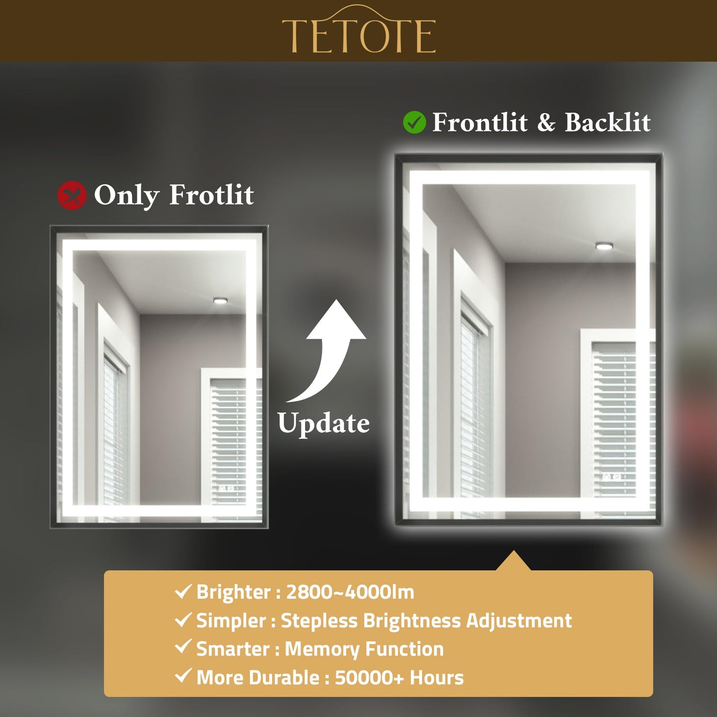 TETOTE 22 x 30 Bathroom LED Mirror Brushed Black Metal Frame Frontlit & Backlit Vanity Mirror Anti-Fog Stepless Dimmable 3 Colors White/Warm/Natural Mirror with Lights Wall-Mounted