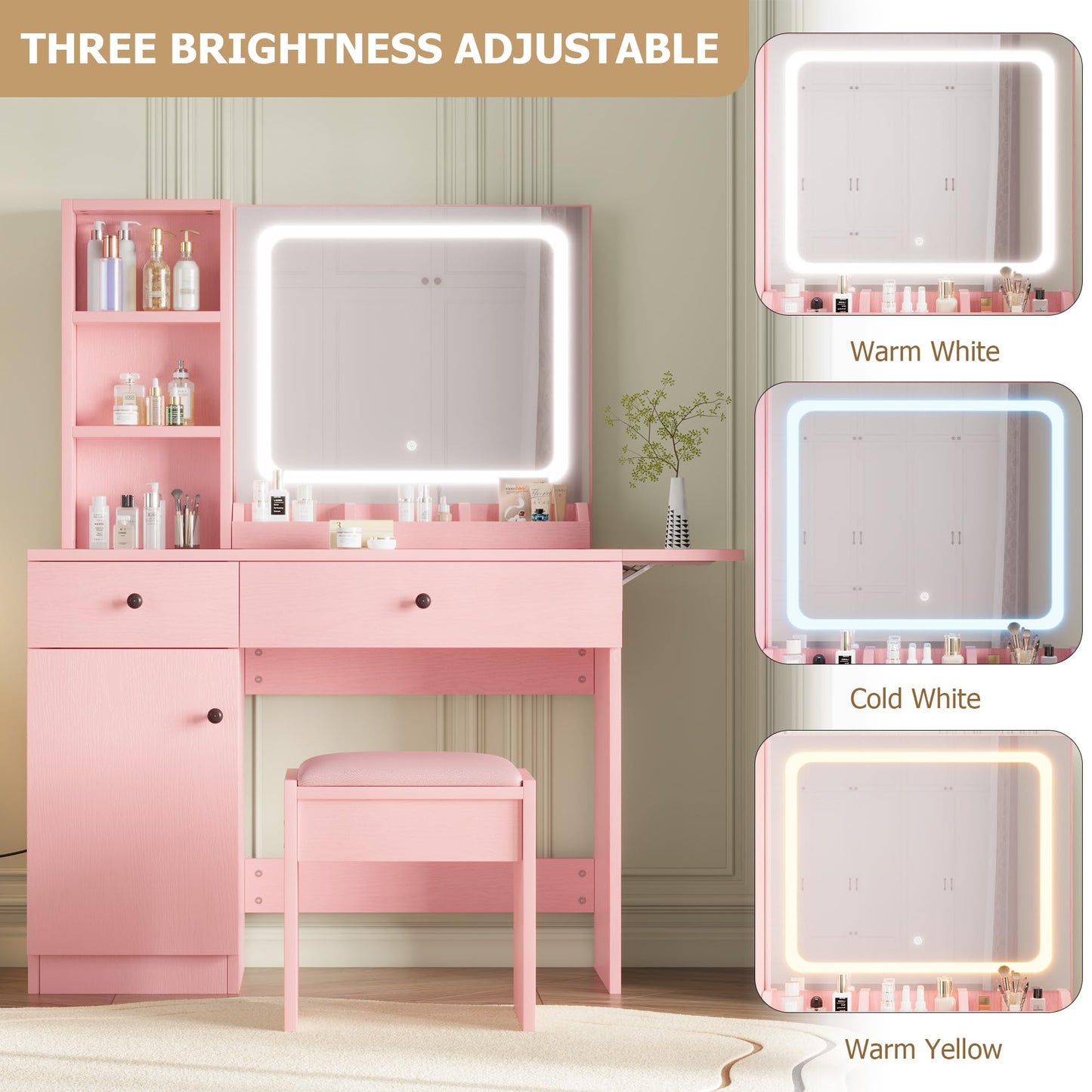 Garvee Vanity Desk with Mirror & Light, Makeup Vanity Table with Charging Station, Large Storage Cabinet & 2 Drawers & 3 Open Shelves, 3 Lighting Modes Adjustable Brightness, Bedroom Dressing, Pink