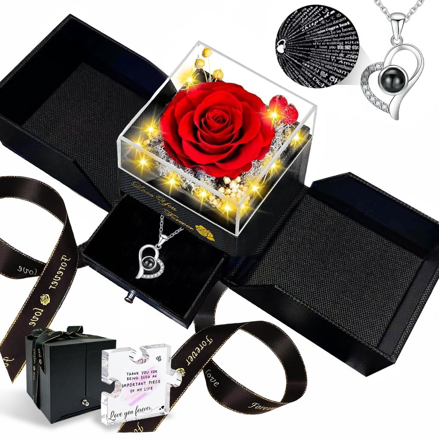 Megapuxin Preserved Real Rose-Eternal Flowers Rose Mothers Day for Mom Women Her Wife Girlfriend on Birthday Valentines with I Love You Necklace 100 Languages Romantic Gift