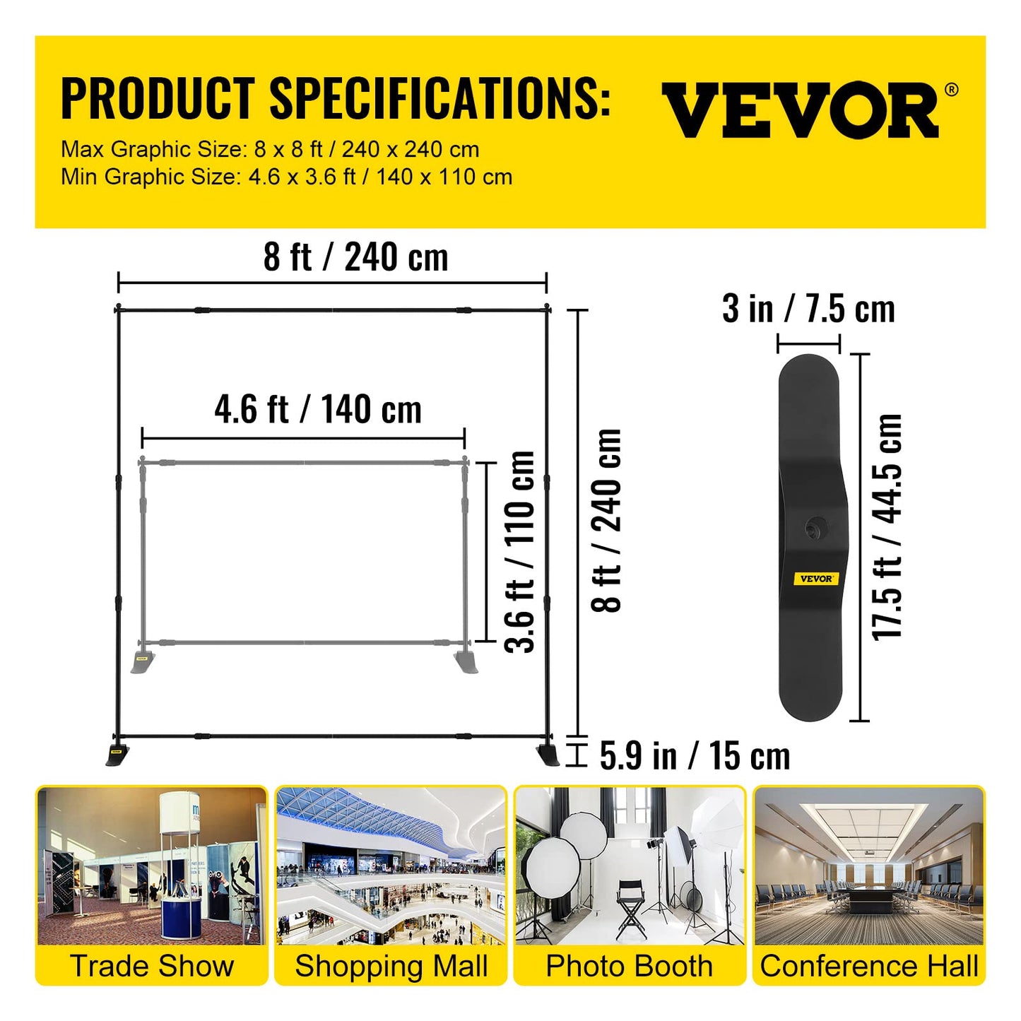 VEVOR Backdrop Banner Stand 8 x 8 Ft Adjustable Height Background Stand Backdrop with 1 Carrying Bag, Backdrop Stand for Parties Wedding Photo Booth Trade Show