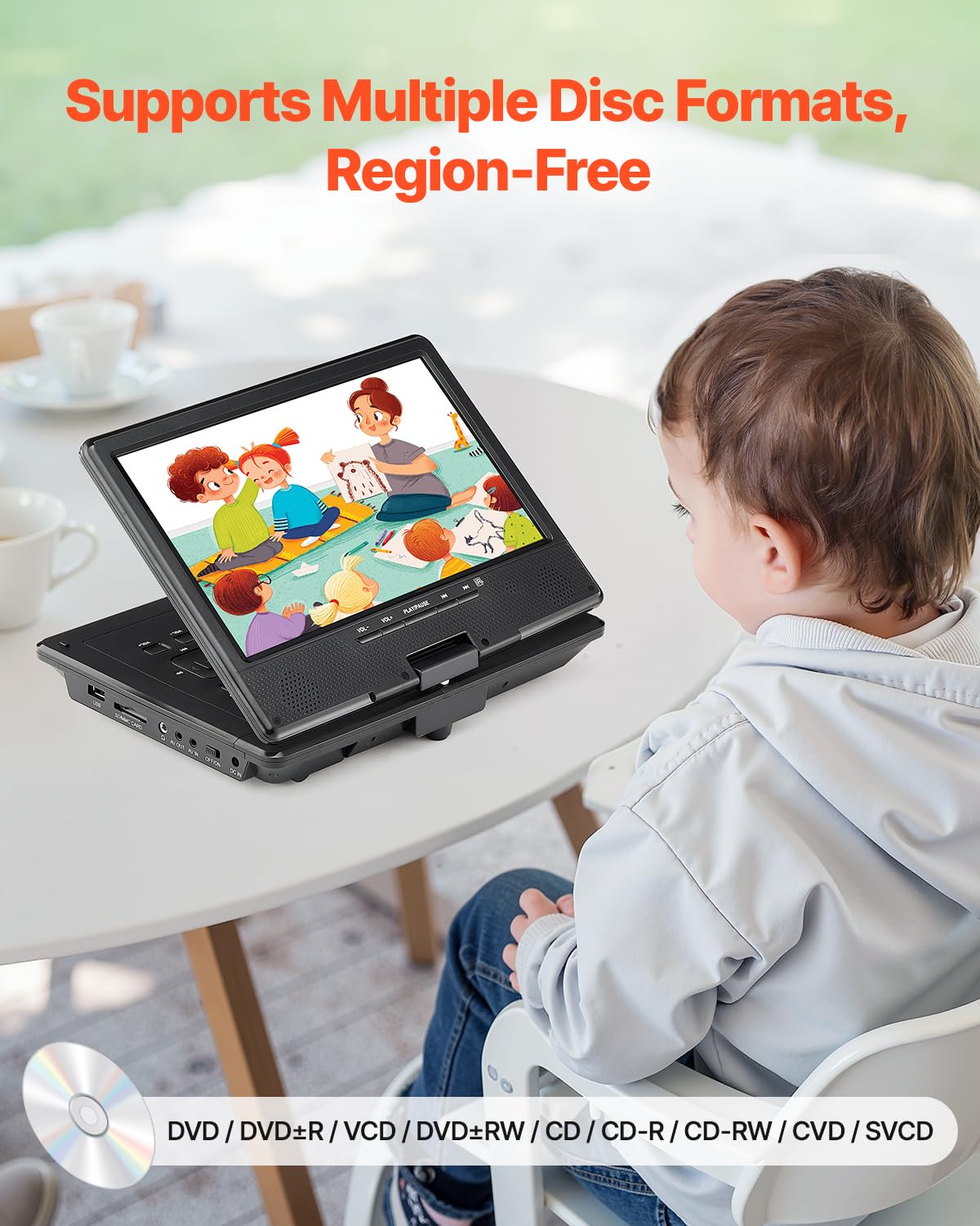 Vevor Portable Dvd Player, 9 Inch Hd Swivel Display Screen, 4 Hours Built-In Rechargeable Battery, Dual Speakers, Support Sync T