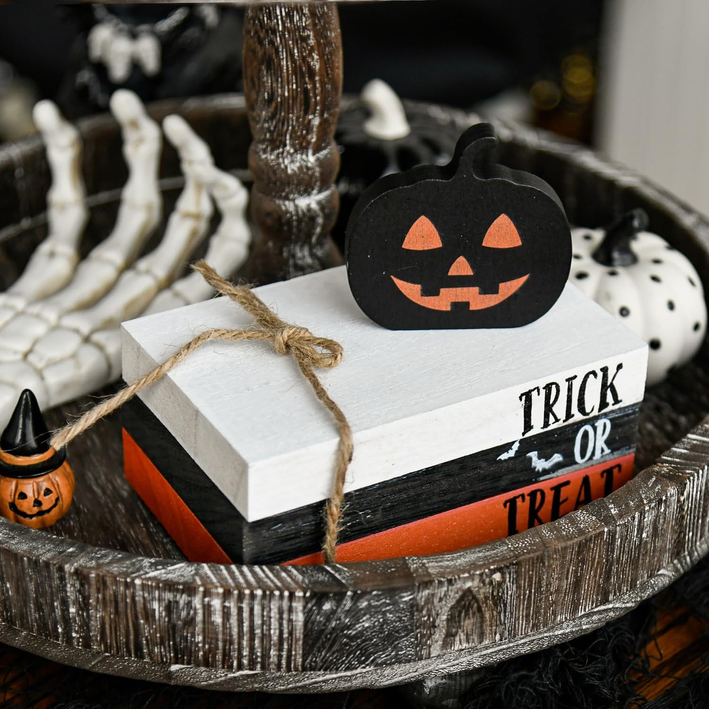 Smile Happy Halloween Wooden Stack, Pumpkin Mini Faux Books Bundle, Trick or Treat Tiered Tray Decorations, Indoor Decor for Kitchen Bathroom and Home Table Shelf