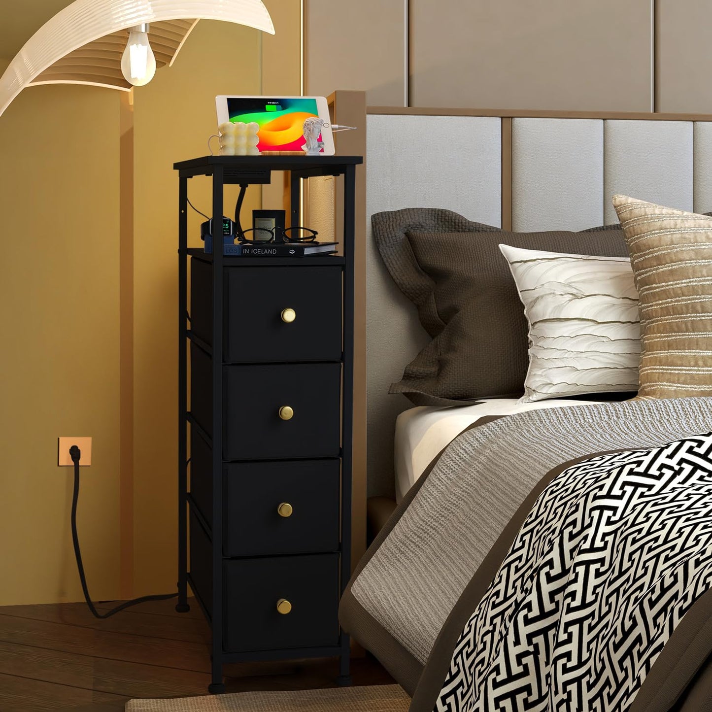 amoorpax Narrow Fabric Dresser for Bedroom, with Charging Station, Small Dressers Bathroom (Black)