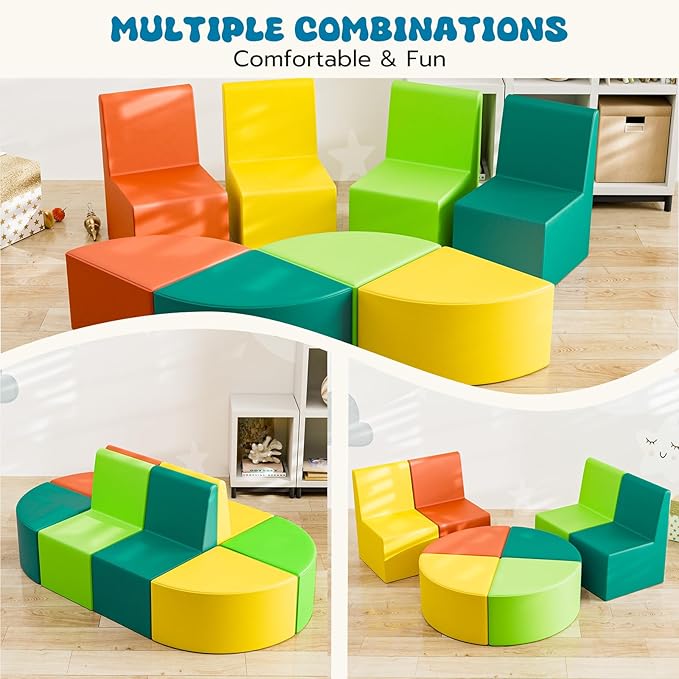 UMOMO 8-Piece Flexible Seating Set for Classroom, Colorful Modular Kids Couch for Playroom, Daycare, Preschool (Orange+Yellow+Light Green+Dark Green)