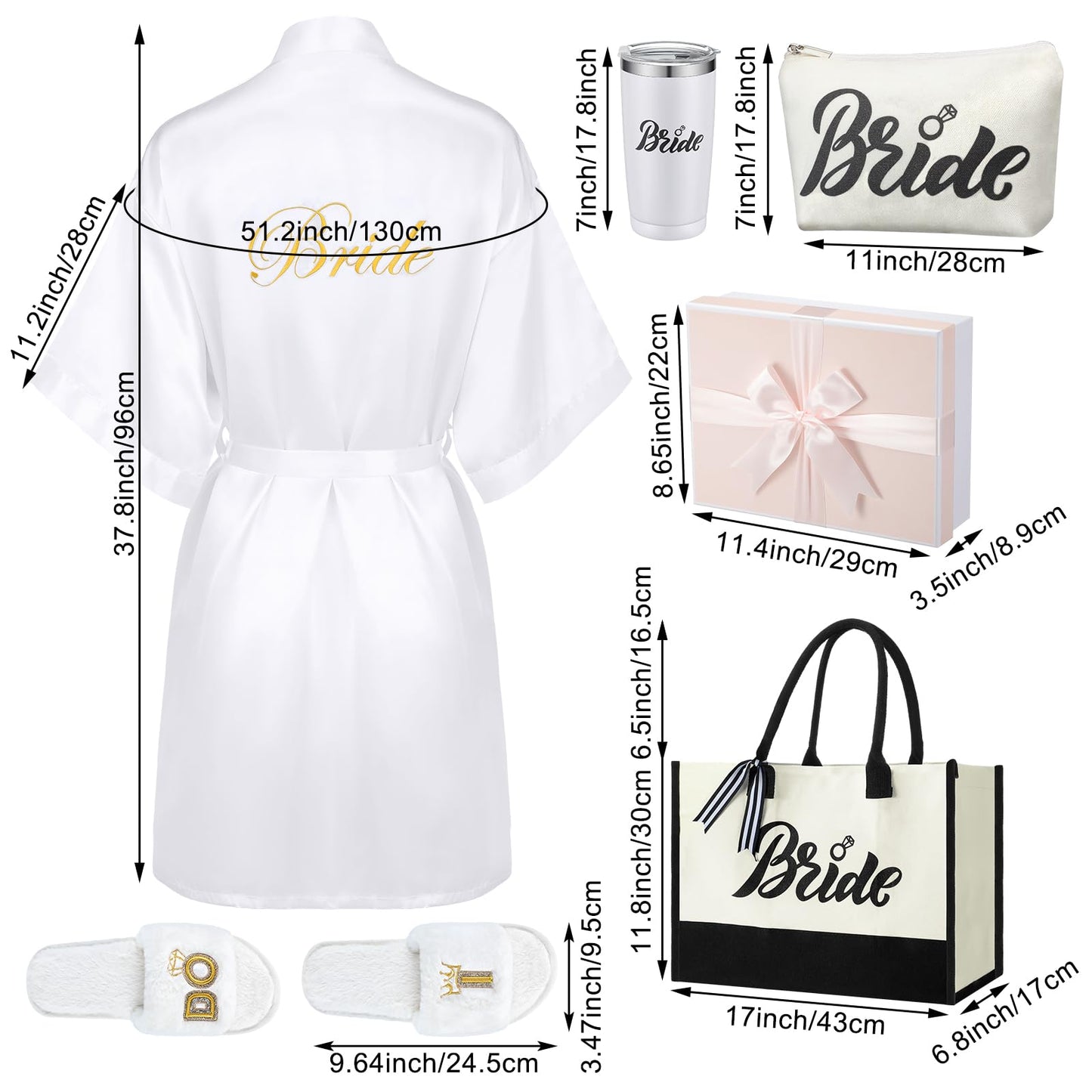 Berlune 14 Pcs Bride Gifts Box Sets Short Satin Robes Canvas Tote Bag Stainless Steel Tumbler Slippers for Wedding