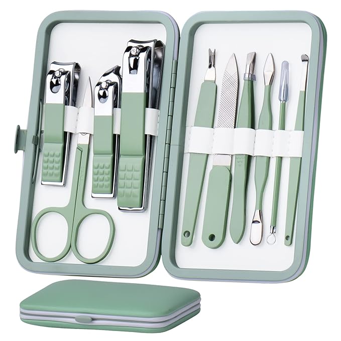 HANTEKAS Manicure Set 10 in 1 Stainless Steel, Nail Clippers Scissors Pedicure Tools Kit - Portable Travel Grooming Kit fo...