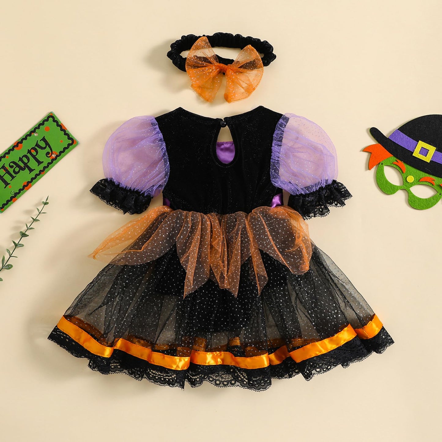 Nicoxijia Newborn Baby Girl Halloween Witch Costume Puff Sleeve Tulle Romper Dress Lace Tutu Skirt Bodysuit Party Outfits