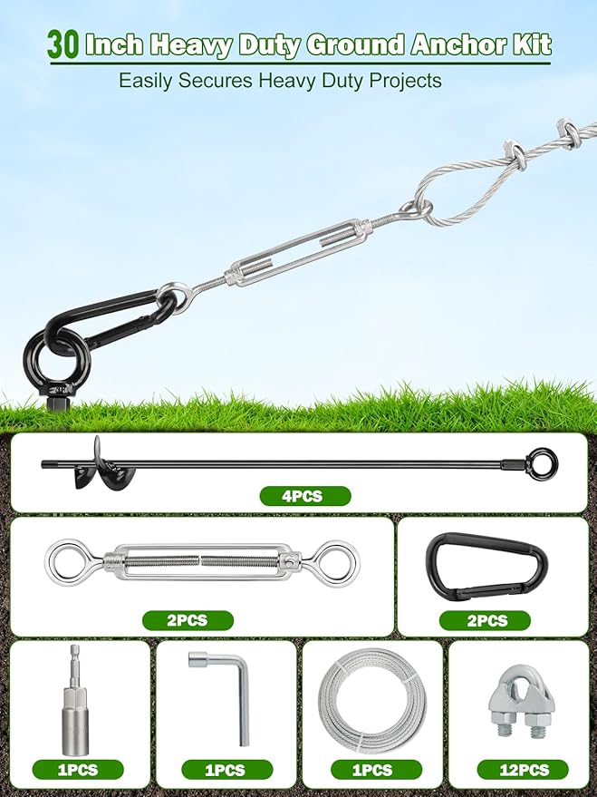 hannger 4 Pcs 30" Long Ground Anchors Shed Anchors Kit with 3/16" Galvanized Cable & Turnbuckles & Carabiners, Heavy Duty Earth Anchors for Sheds Trees Trampoline Greenhouse Swing Set Tent