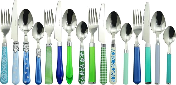 The Original Brink House Eclectic Blue Green Mix & Match Stainless Steel Cutlery Set / 16 pieces with Metal Stand/Lifestyl...