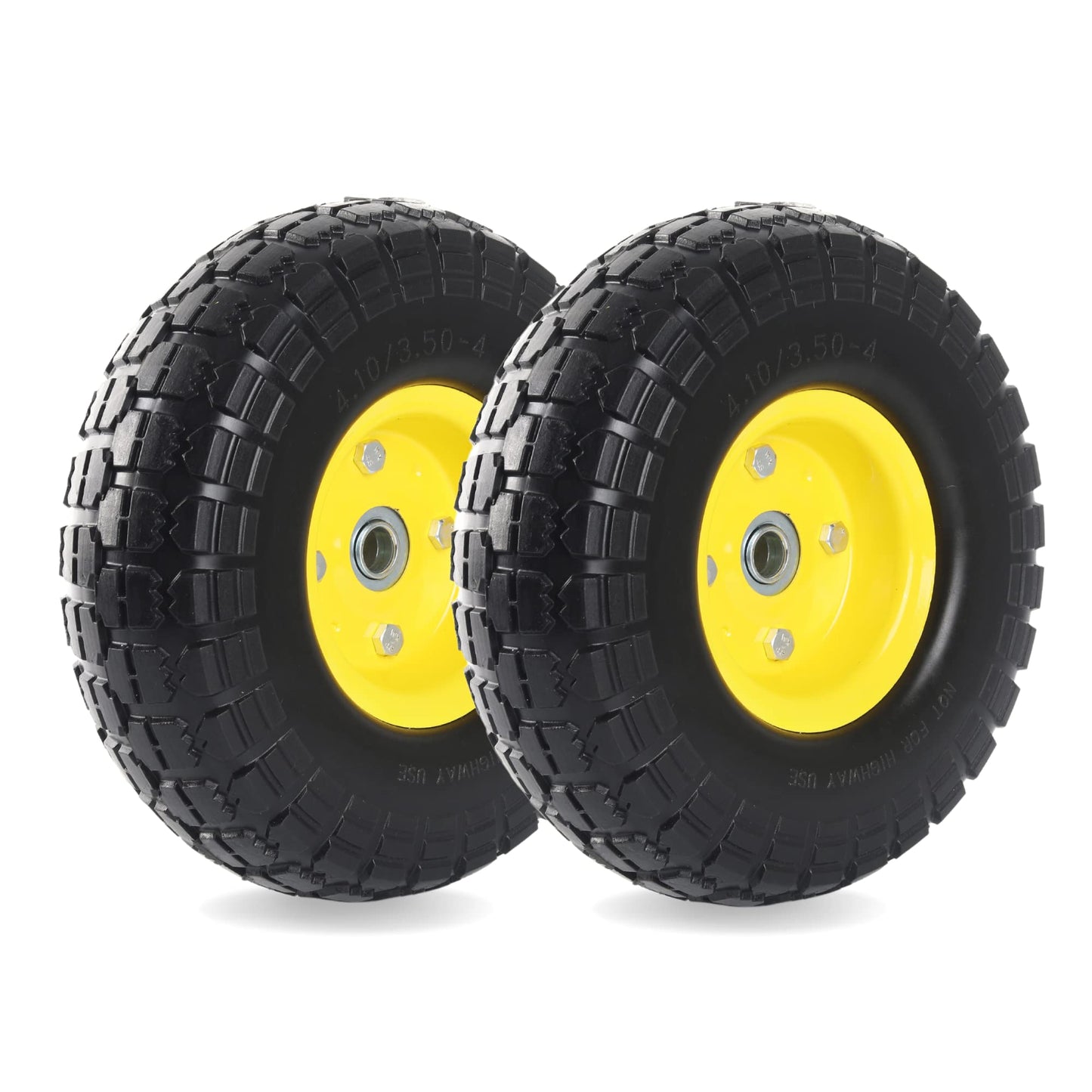 (2-Pack) 10-Inch Solid Tire Wheels - Replacement 4.10/3.50-4" Flat Free Tires and Wheels with 5/8" Axle Bore Hole Bearings, 2.17" Offset Hub -Perfect for Hand Truck, Wheelbarrow, Gorilla Carts