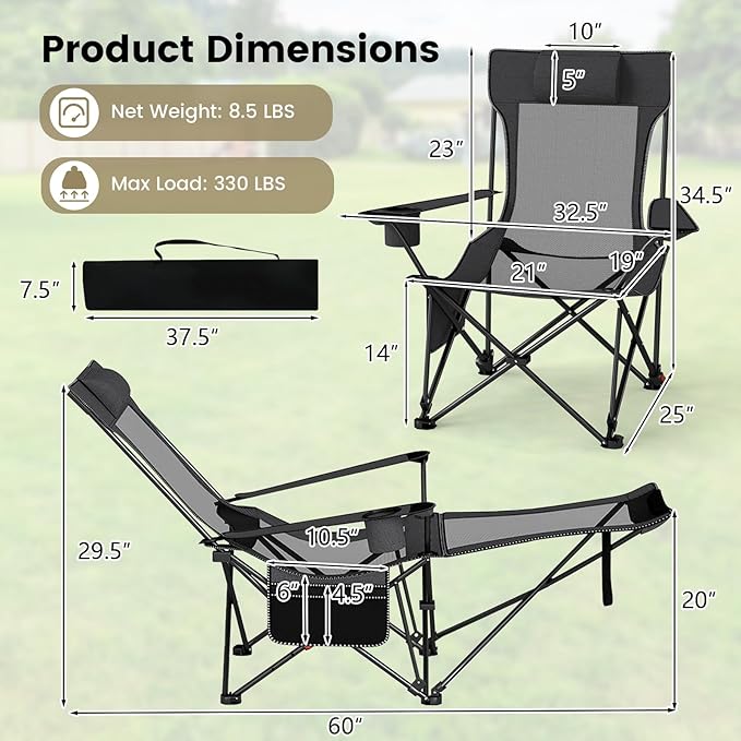 GYMAX Reclining Camping Chairs with Footrest, Lightweight Foldable Camping Chairs with Cup Holders, Adjustable Backrest, Headrest, Heavy Duty Camp Chair for Adult Outdoor Fishing Beach (Grey,2)