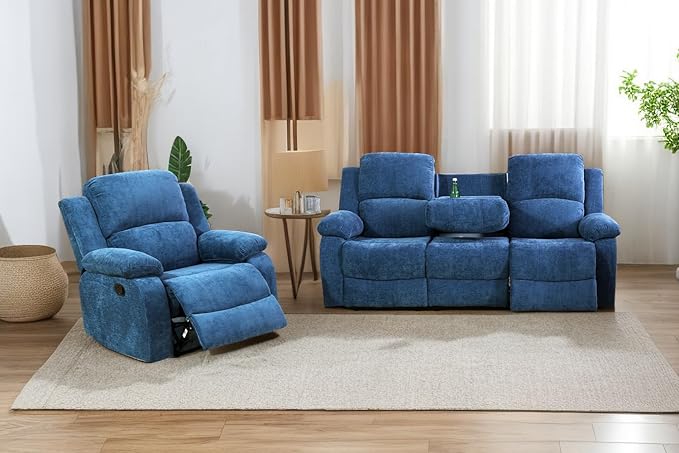 A Ainehome Living Room Furniture Set Blue Microfiber Recliner Sofa Set Loveseat Chair Furniture Sofa Set for Living Room/Rv/House/Office/Theater Seating (A-Blue Microfiber, Sofa+Chair)