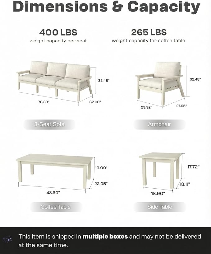 Patio Kingdom HDPE 7 Piece Patio Furniture Set, HDPE Outdoor Sectional with with Beige Thick Cushions, Coffee Table and Side Table, Patio Conversation Sets for Lawn, Garden, Porch (White Frame)