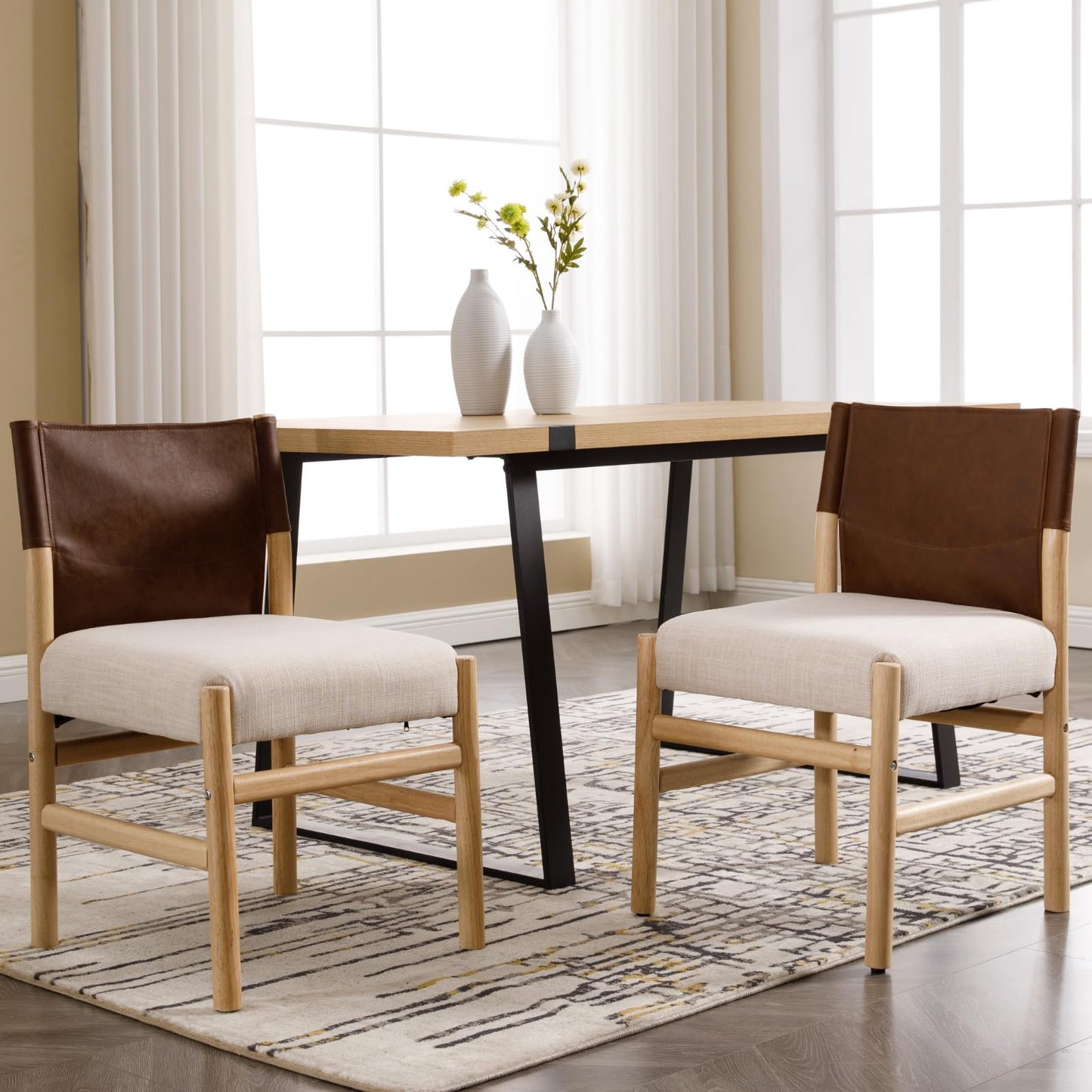RIVOVA Modern Dining Room Chairs Set of 2, Farmhouse Upholstered Fabric Kitchen Chairs with Leather Back, Wooden Side Armless Chair for Kitchen and Dining, Beige Linen