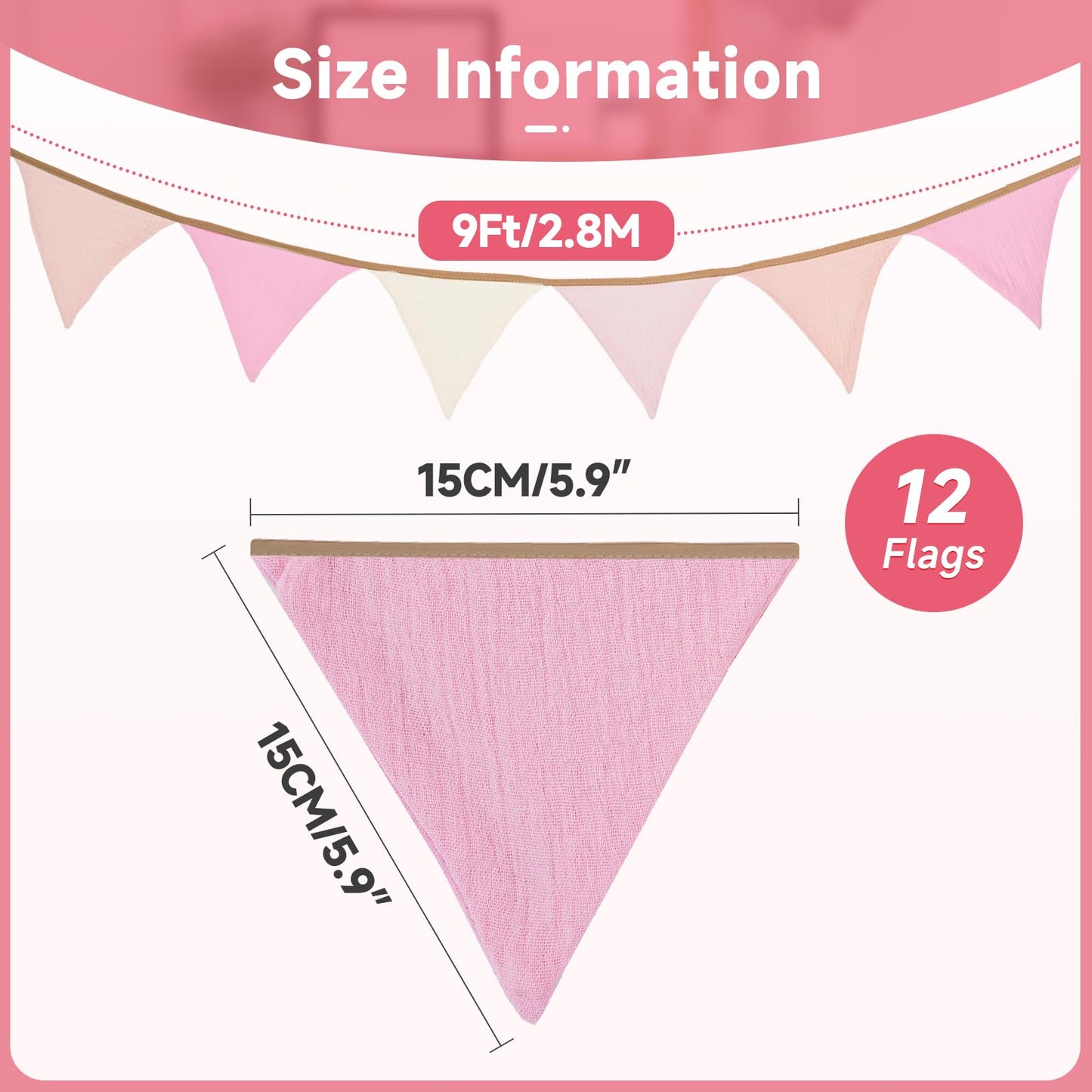 GCQQ Pennant Banner Flags 9Ft Pink Pennant Nursery Garland 12Pcs Light Pink Baby Girl Banners Double-Side Bunting Triangle Birthday Banner Girl Toddler Room Decor for Kids Bed Baby Shower Party Decor