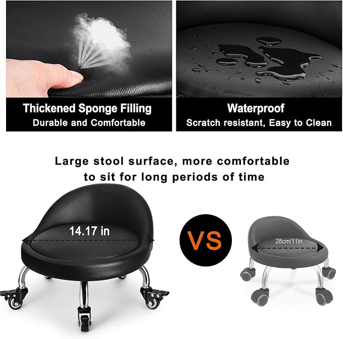 LWADALN Rolling Stool with Backrest Low Height Rolling Stool with PU Leather, Roller Stool Chair, Roller Seats for Home, Office, Garage, Shop, Library