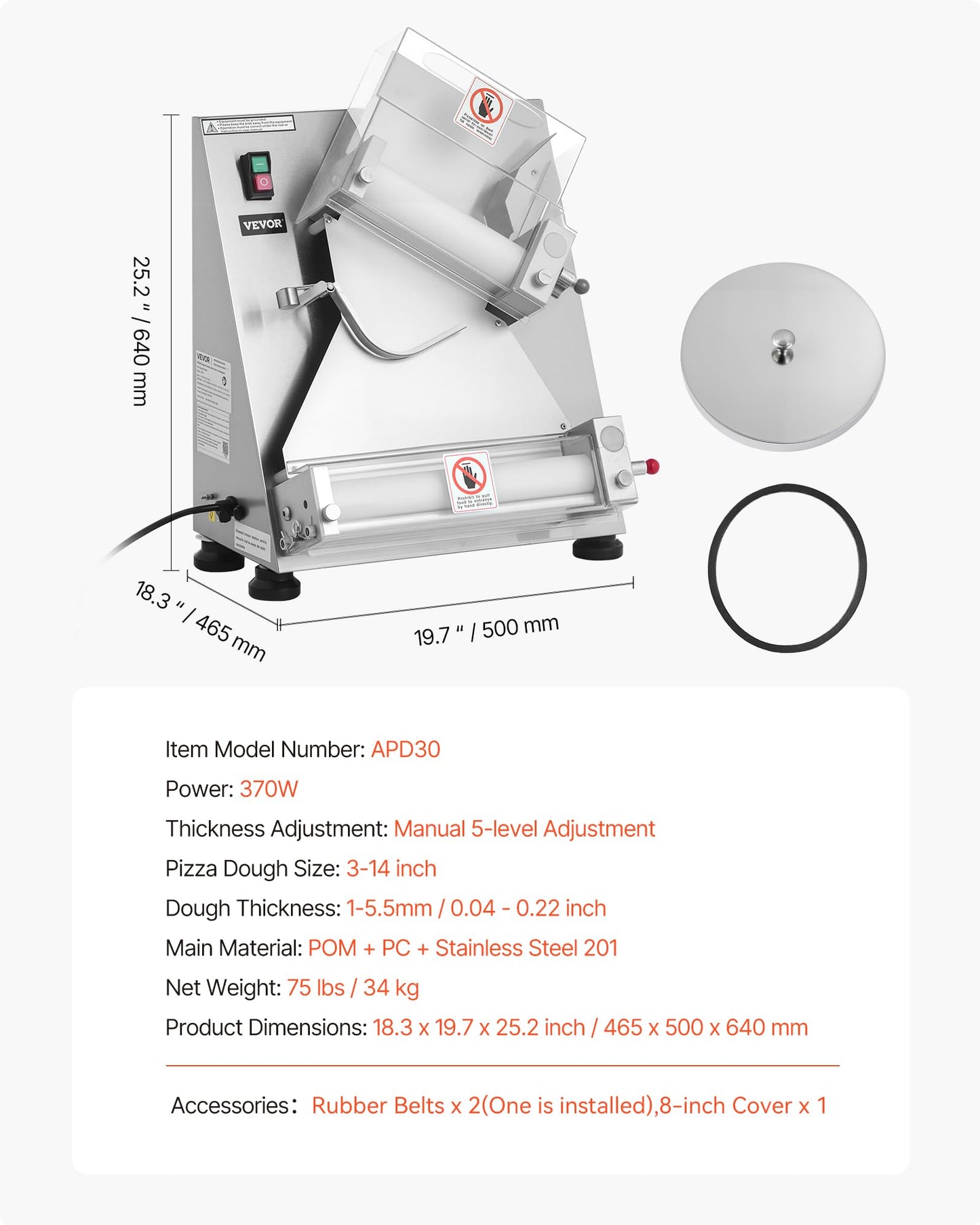 VEVOR Pizza Dough Roller Sheeter, 3-14 Inch Automatic Stainless Steel Pizza Press, Commercial Electric 370W Pasta Maker Machine, 260 pcs Per Hour, Adjustable Thickness, with Dough Press Lid
