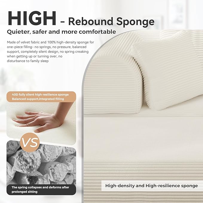 ZQRhome 2026 Upgrade Convertible Sofa Bed, 79 Inch Boneless Couch with Fixed-Shape Frame, Corduroy Fabric with High Backrest, Floor Sofa Modular Futon Couch for Living Room Bedroom Lounge (White) | High Backrest, No Assembly, Convertible Sofa, Space-Sa...