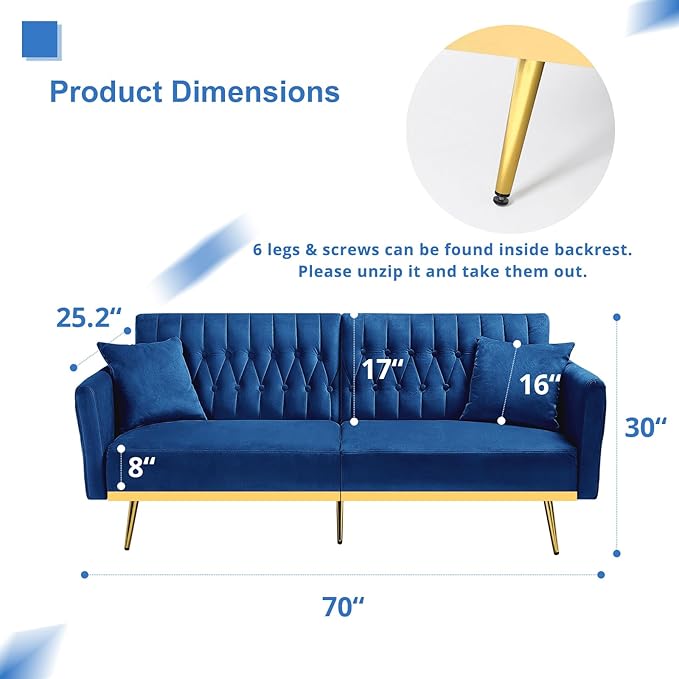 ACMEASE 70” Velvet Futon Sofa Bed w/Adjustable Armrests and Backrest, Convertible Futon Couch w/2 Pillows, Modern Sleeper Bed for Living Room, Bedroom, Blue