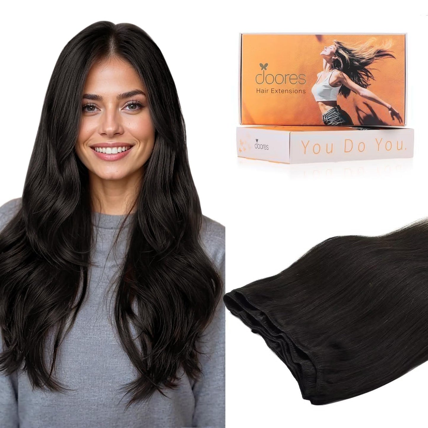 DOORES Sew in Hair Extensions Real Human Hair, 14 Inch Natural Black, Sew in Weft Extensions Hand Tied Long Straight 100g
