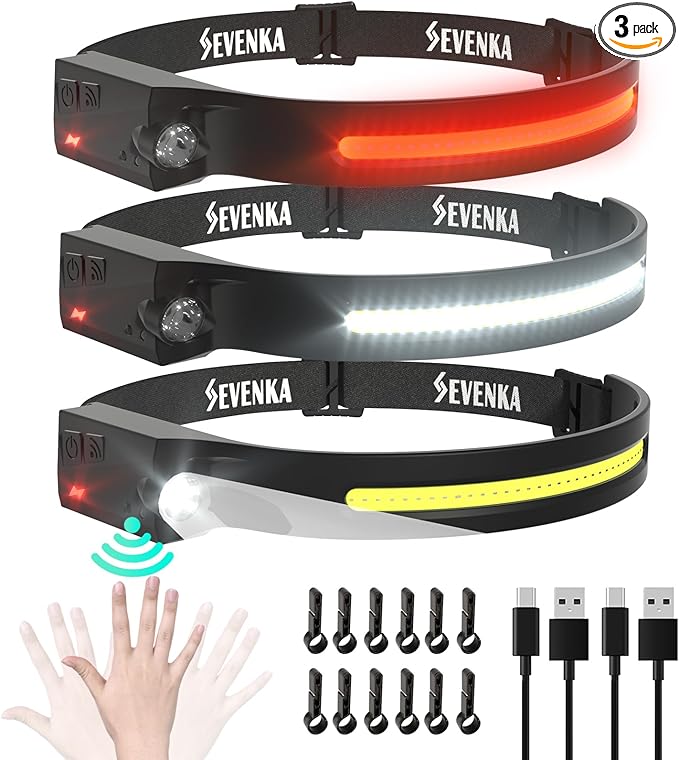 SEVENKA 3 Rechargeable Headlamps, LED Headlamp Flashlight, 1000 Lumen 230° Wide Beam & Spot Light, Sensor Mode, 2.47oz Lig...